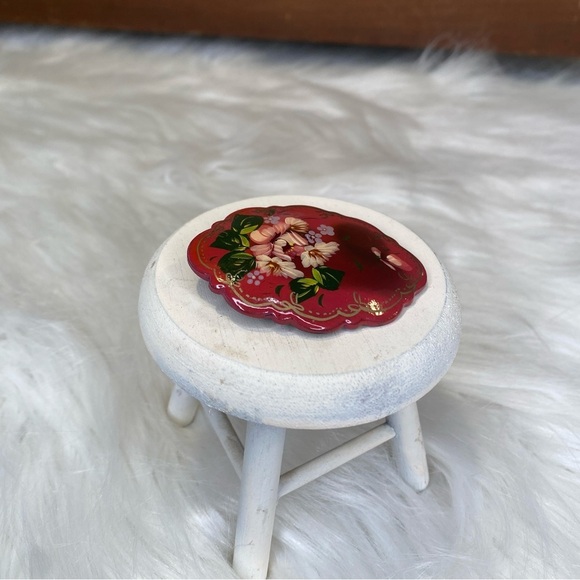 Antique Brooch Hand Painted Floral Open C Clasp Cyrillic Artist Signed '92 - Picture 1 of 6